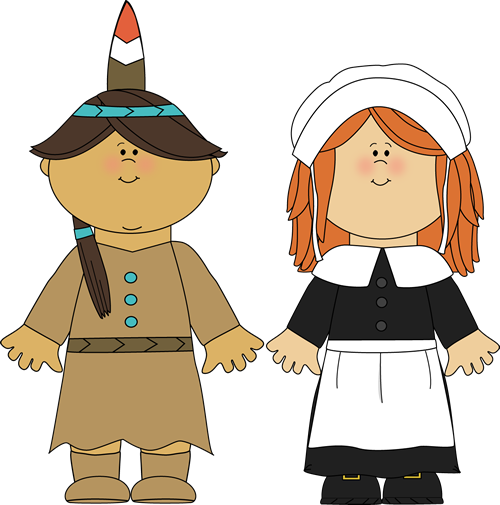 Cartoon illustration of a Native American child and a Pilgrim girl holding hands, representing Thanksgiving themes.