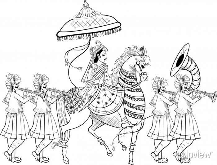 Traditional Indian royal procession with a rider on an ornately decorated horse, flanked by musicians playing shehnai and narsingha under a ceremonial parasol.