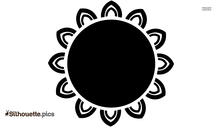 Black circular mandala with symmetrical petal-like motifs radiating outward, stylized sun or floral design on white background.