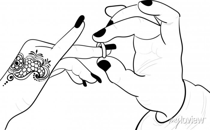Two hands exchanging a ring; one hand adorned with intricate henna design and black nail polish.