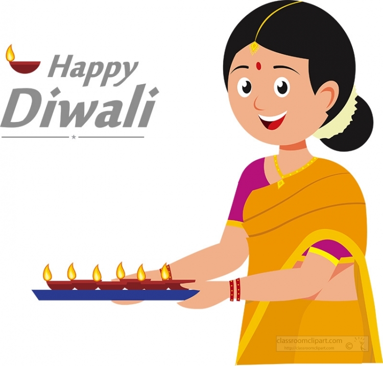 Smiling woman in traditional Indian attire holding a tray of lit diyas for Diwali celebration.