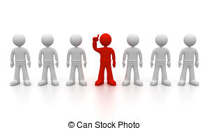 A red 3D figure raises its hand among six gray figures in a line, symbolizing leadership or standing out.