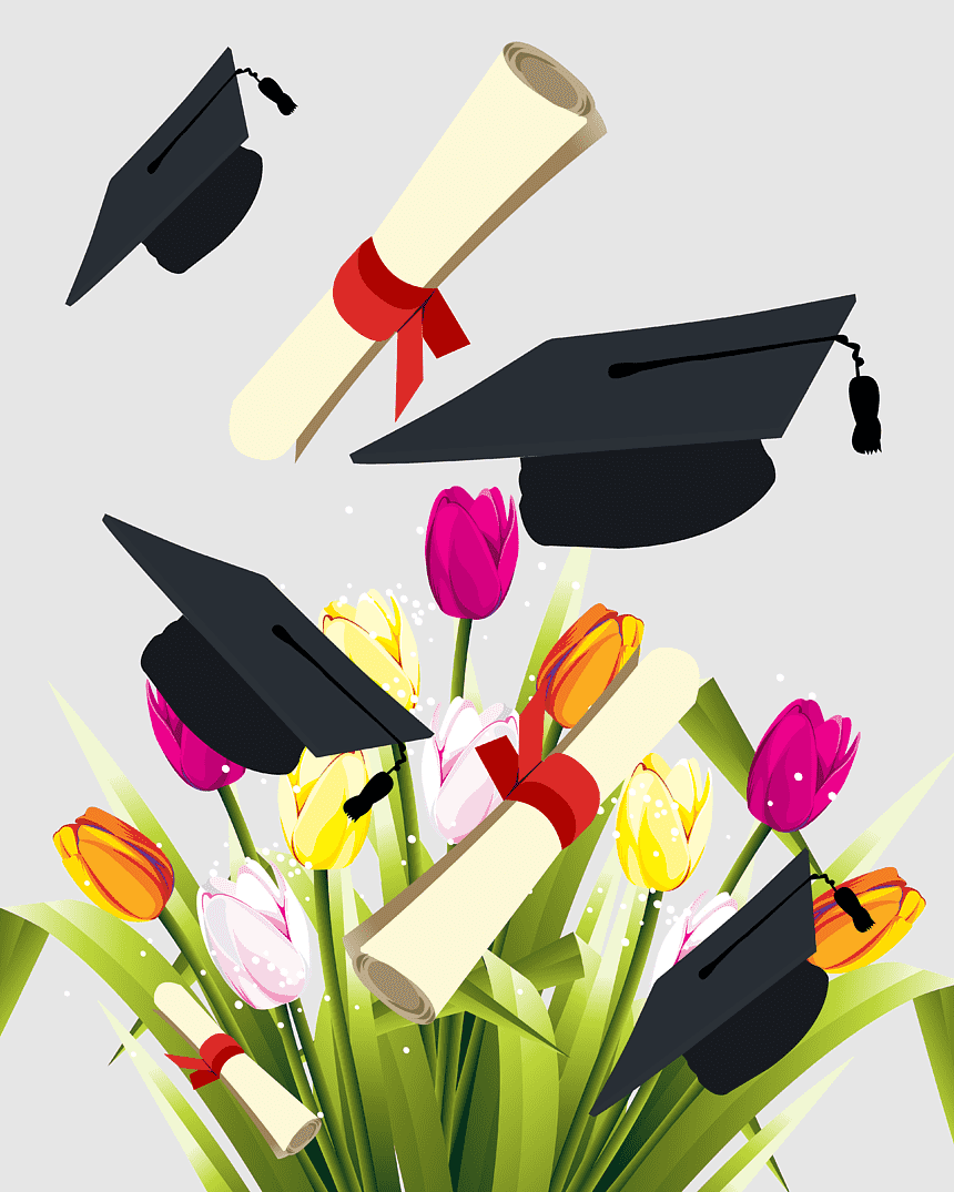 Graduation caps, diplomas, and colorful tulips celebrating academic achievement.