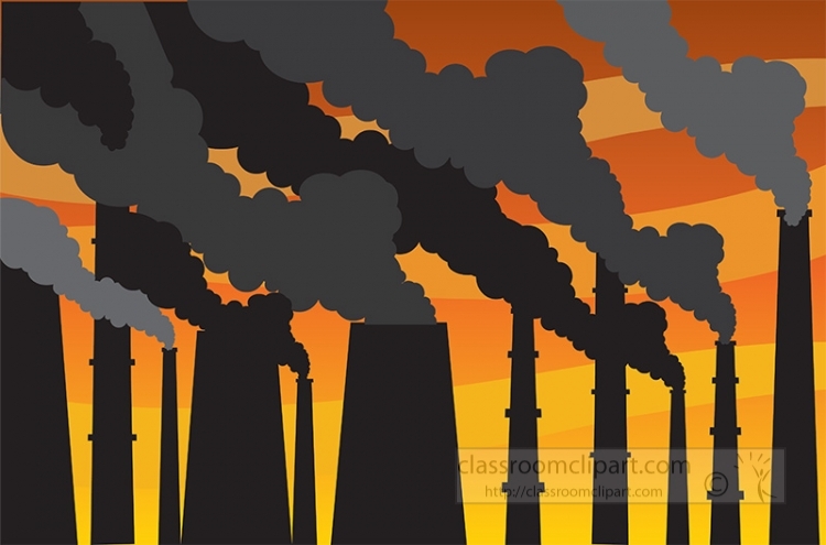Industrial smokestacks emitting thick black smoke against an orange sunset sky.
