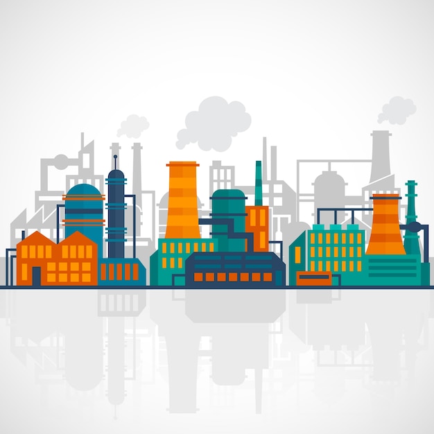 Colorful flat-style industrial factory complex with smokestacks, cooling towers, and reflected silhouette on white background.