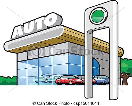 Cartoon-style auto dealership with glass facade, parked cars, and illuminated signpost.