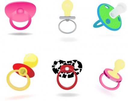 Six colorful pacifiers in various designs including pink, yellow, green, red, and cow-print patterns on white background.