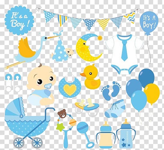 Baby boy shower clipart with stork, onesie, balloons, duck, moon, and baby items in blue and yellow theme.