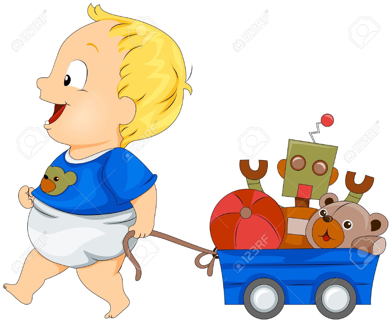 Happy toddler with blond hair pulls a blue wagon full of toys including a robot, teddy bear, and red ball.