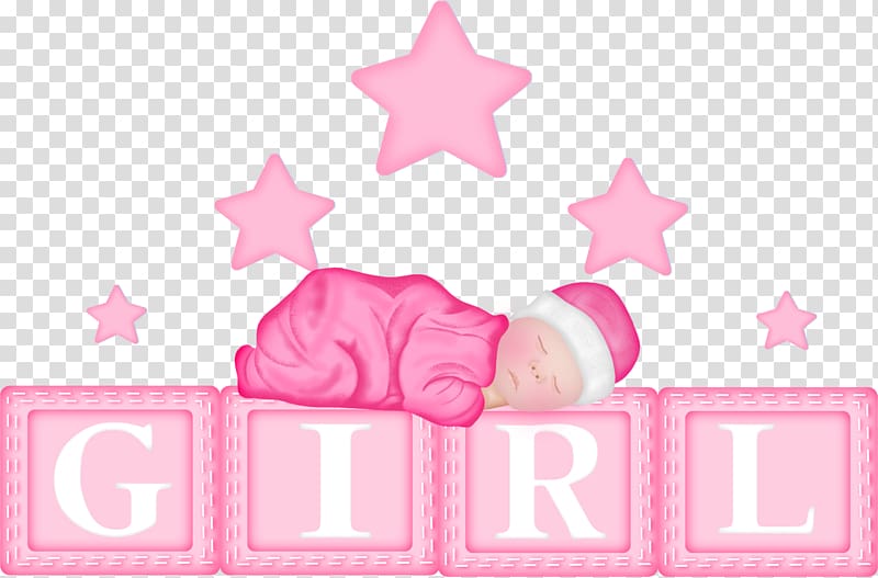 Pink baby girl sleeping on blocks spelling "GIRL" with stars above, festive and gentle illustration.