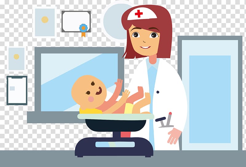 A smiling nurse in a white coat and red cross cap weighs a happy baby on a medical scale in a clinic setting.