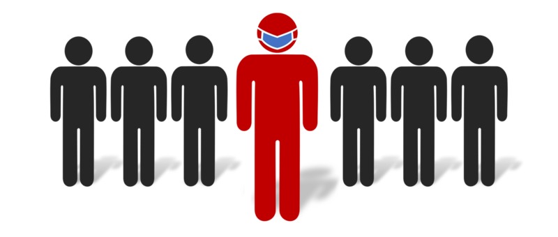 Red stylized human figure wearing a blue-and-white face mask, standing among black figures.