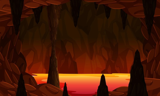 A dramatic cartoon-style cave interior with stalactites, stalagmites, and a glowing lava pool in the background.