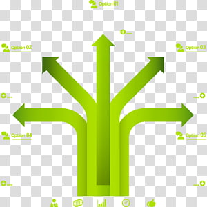 Green branching arrow diagram showing five directional options labeled Option 01-05, symbolizing decision paths or strategic choices.