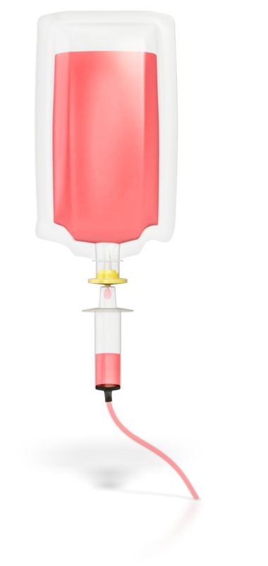 Clear IV fluid bag filled with pink liquid, connected to drip chamber and tubing for intravenous therapy.