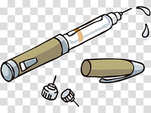 Illustration of a disposable insulin pen with detached cap and needle components on transparent background.