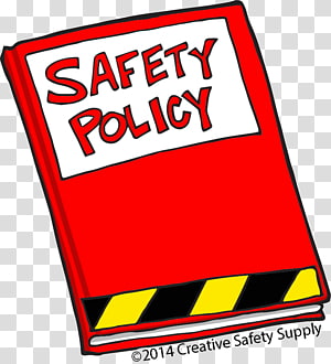 Red safety policy manual with yellow-black hazard stripe and white title label.