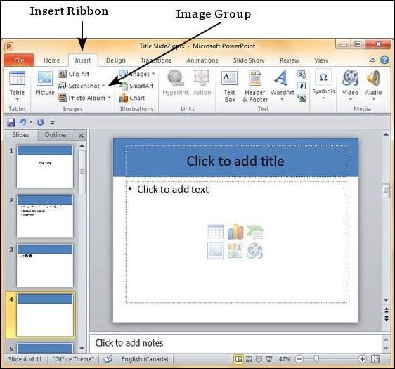 Microsoft PowerPoint 2010 interface showing Insert Ribbon with Image Group highlighted, slide editing view visible.