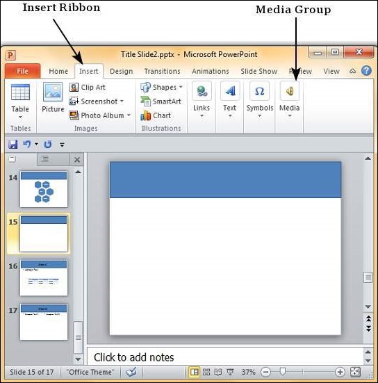 Microsoft PowerPoint 2010 interface showing Insert Ribbon and Media Group with slide thumbnail pane and blank slide.
