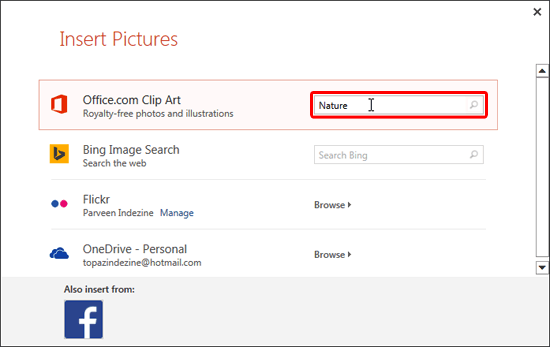 Screenshot of Microsoft Office's "Insert Pictures" dialog with "Nature" typed in the search box for Clip Art.