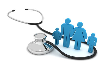 Stethoscope encircling a blue family silhouette-parents and two children-symbolizing family healthcare coverage.