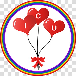 Rainbow circle with three red heart-shaped balloons spelling "I C U", tied with a red bow.