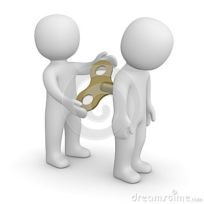 Two 3D white figures exchanging a golden key, symbolizing trust, access, or partnership.