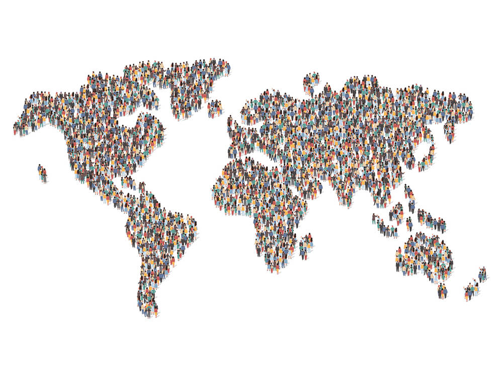 World map formed by diverse people silhouettes, symbolizing global unity and population distribution.
