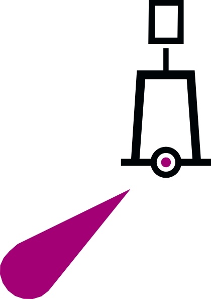 Stylized black robot figure with magenta teardrop pointing to its wheel, symbolizing AI-driven targeting or precision.