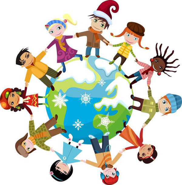 Diverse children in winter clothing holding hands around a snowy Earth globe, symbolizing global unity and holiday cheer.