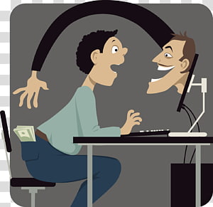 A man at a computer smiles at a smiling face on screen, while a hidden hand reaches from behind to steal money from his pocket.