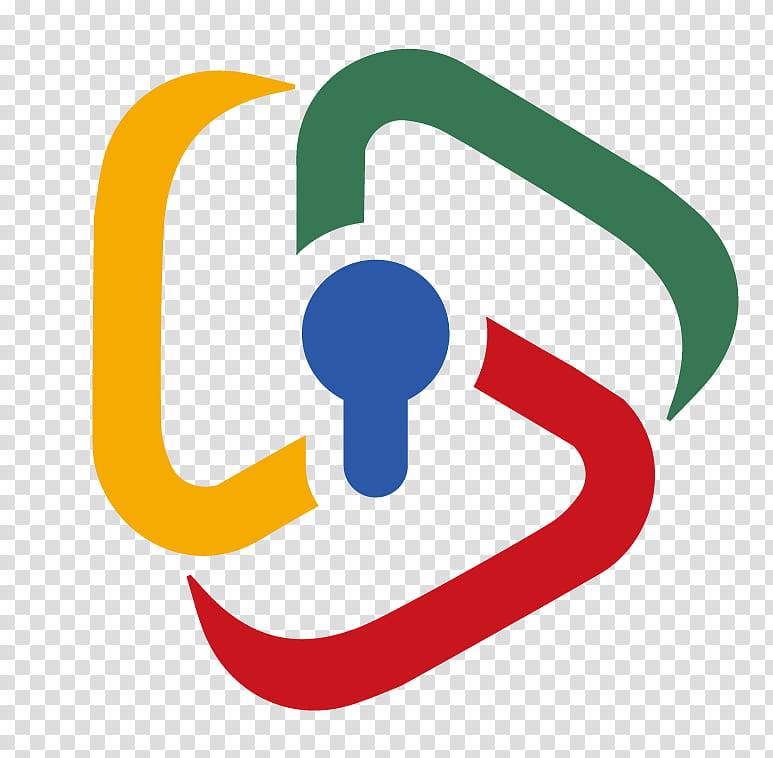 Abstract logo with yellow, green, red interlocking shapes surrounding a blue keyhole symbol.