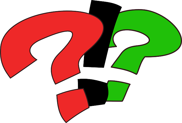 Red and green overlapping question marks with black outlines, symbolizing choice, uncertainty, or decision-making.