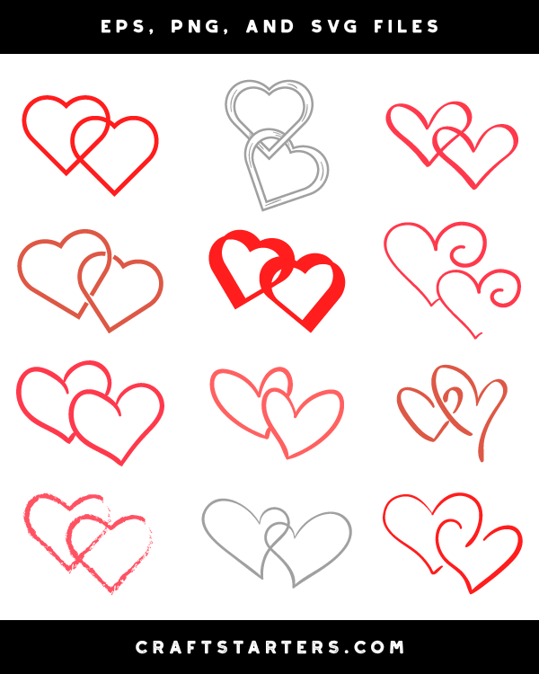 Collection of 12 heart vector illustrations in red, coral, and gray, featuring overlapping, intertwined, and stylized designs for crafts and design.