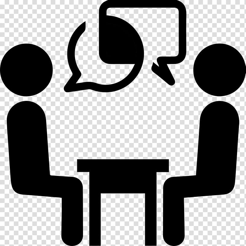Two people seated at a table with speech bubbles indicating conversation or discussion.
