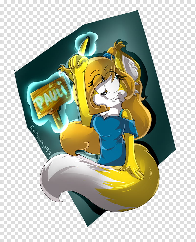 A cheerful anthropomorphic fox with golden fur and a blue dress holds up a glowing "PAULI" sign, winking playfully.