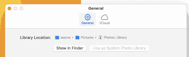 macOS Photos app General settings showing Library Location path and options to show in Finder or use as System Photo Library