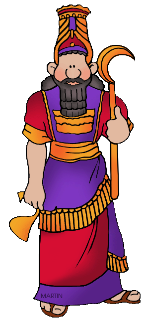 Cartoon illustration of a bearded ancient Mesopotamian king or deity wearing a tiered headdress, holding a sickle-scepter and horned vessel.