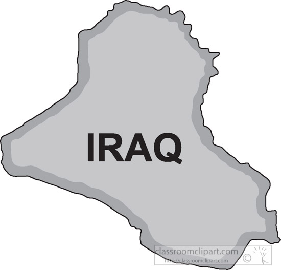 Gray silhouette map of Iraq with bold "IRAQ" label centered inside the country's borders.