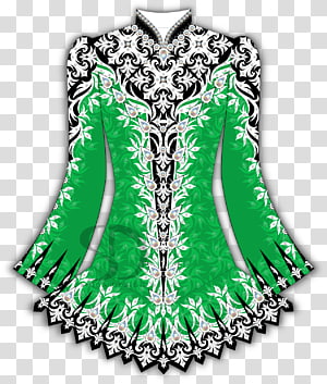 Vibrant green traditional dress with intricate black-and-white floral embroidery and flared sleeves.