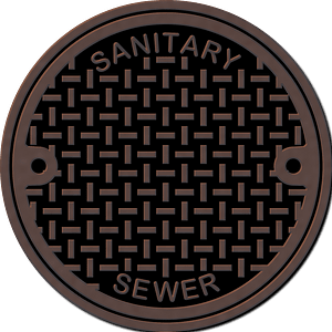 圆形铸铁污水井盖，表面编织纹路，刻有“SANITARY SEWER”字样