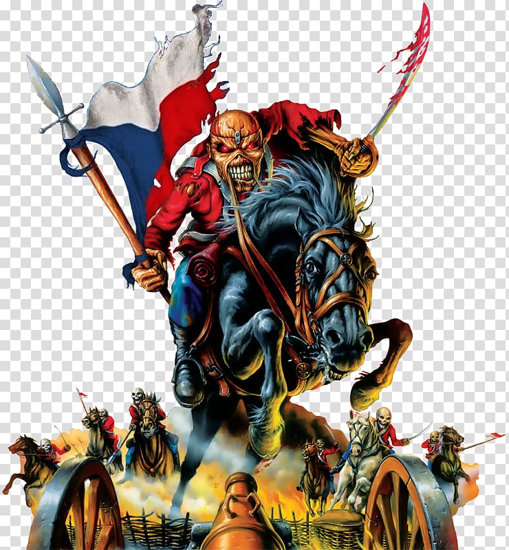 Iron Maiden's Eddie rides a black horse with flag and sword, leading skeletal cavalry in battle.