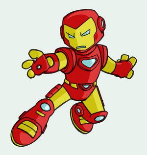 Chibi-style Iron Man in red and gold armor, flying with arms outstretched and determined expression.