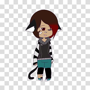 A chibi-style anime character with brown hair, red streak, cat ears and tail, wearing striped hoodie and teal shorts.
