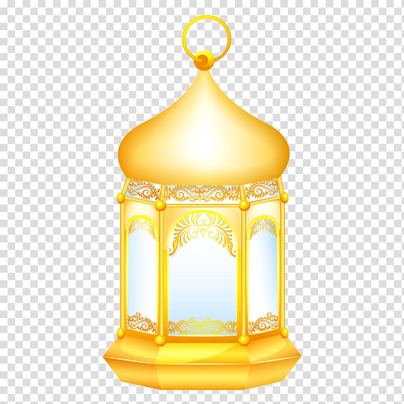 Golden ornate lantern with intricate filigree patterns and arched glass panels, traditional Islamic design.