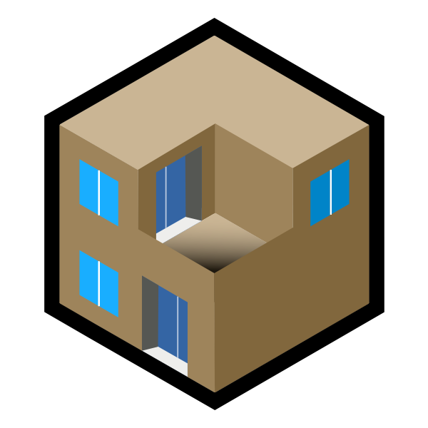 Isometric 3D illustration of a two-story beige building with blue windows and open interior view.