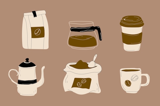 Six illustrated coffee-related items: bag of beans, French press, takeaway cup, teapot-style brewer, sack of grounds, and ceramic mug.