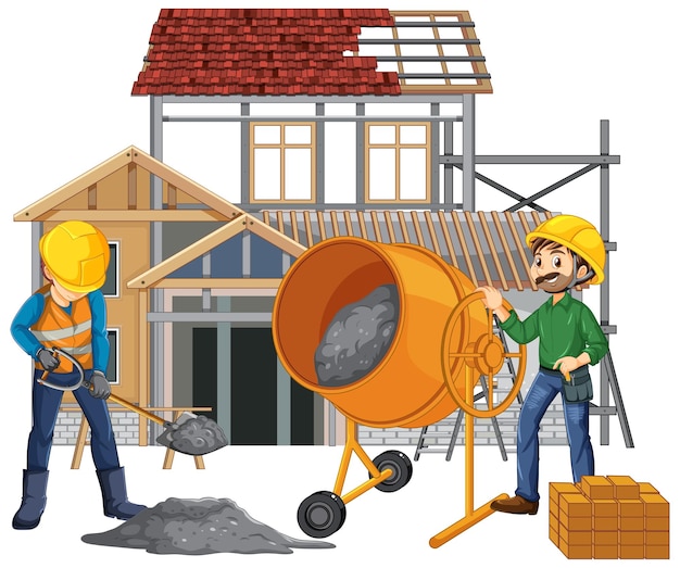 Construction Workers Mixing Concrete on Site - Building Process Illustration