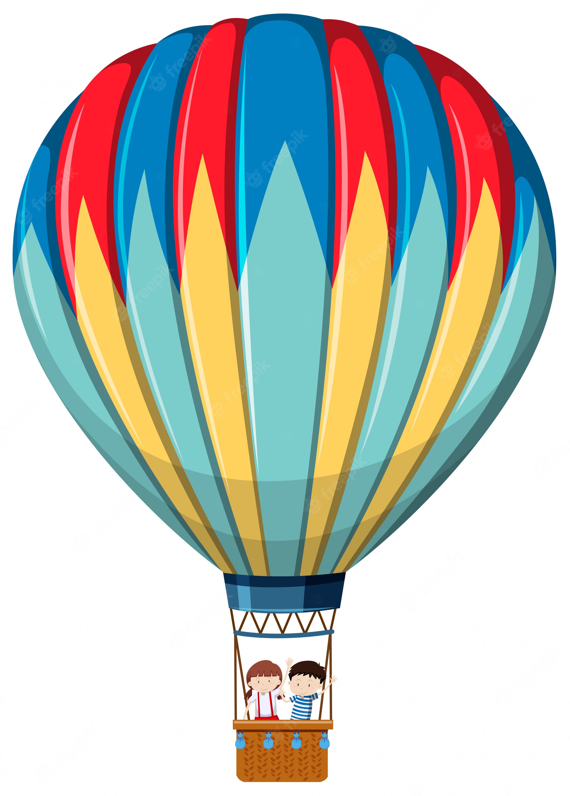 Colorful hot air balloon with red, blue, yellow, and teal stripes carrying two smiling children in the basket.