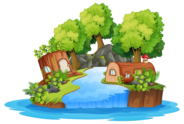 Whimsical treehouse village on a lush island with waterfall, greenery, and mushroom-topped cottages.